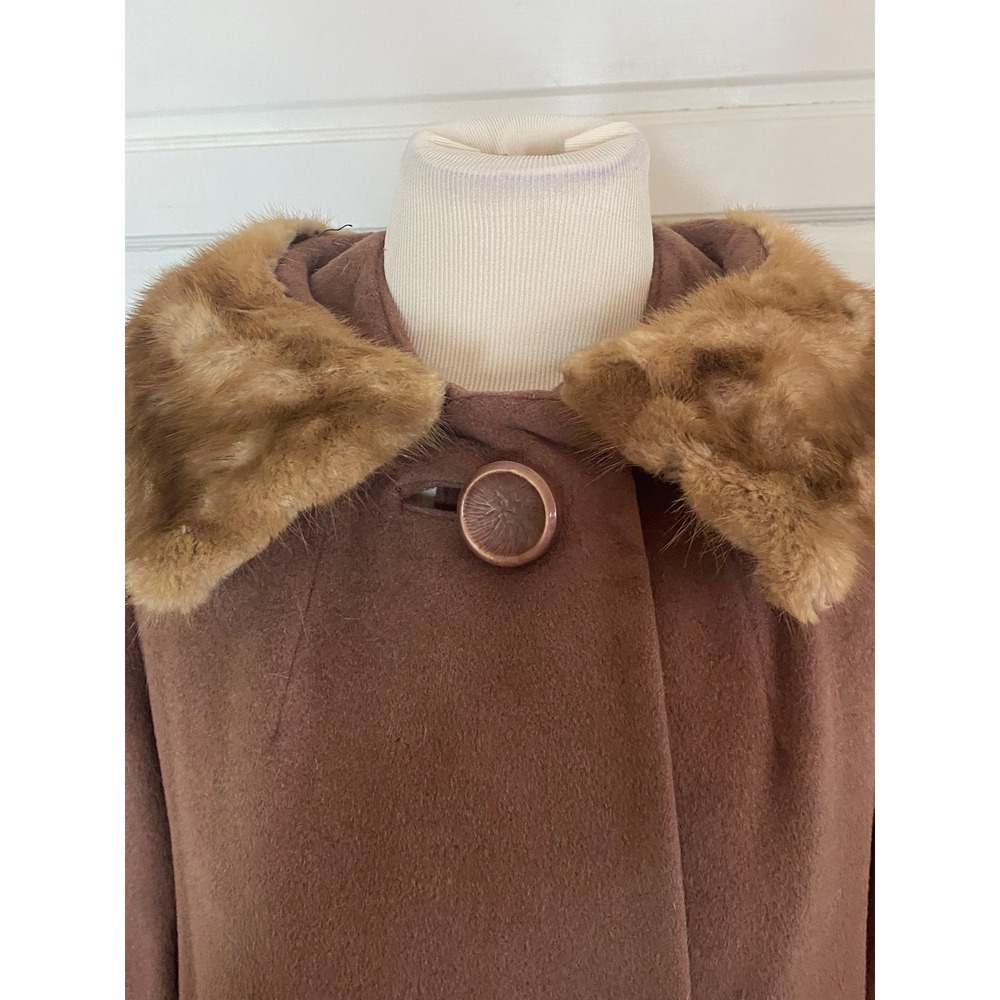 Vtg 50s rothmoor wool Blend Fur Collar Long Coat Brown Button‎ Front Classic - Picture 2 of 11